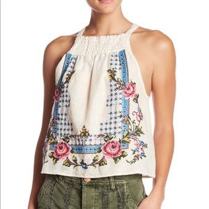 Free People Cream Tank Top with Blue and Pink Embroidery